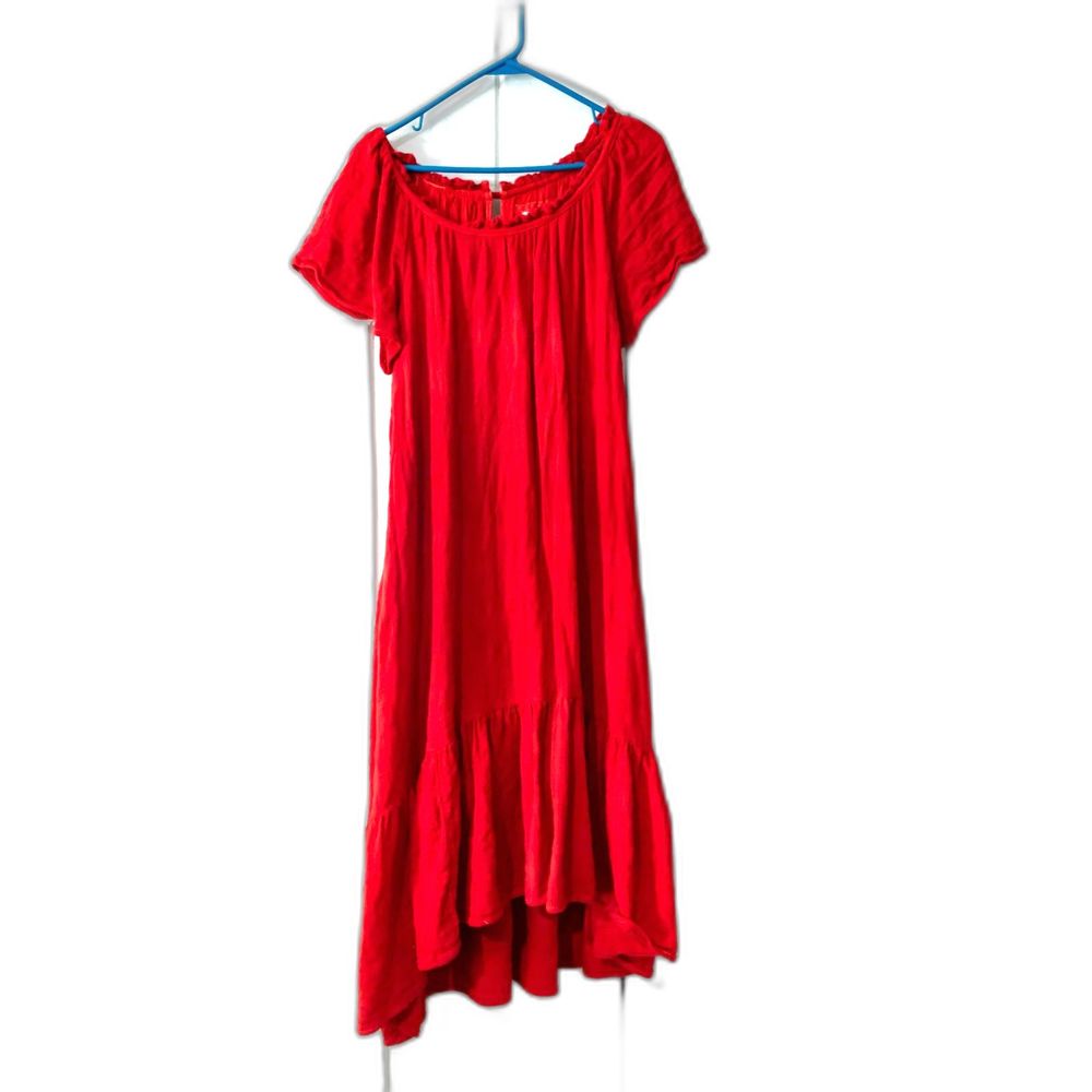 Anthropologie Maeve Selah Hi Low Midi Long Dress Short Sleeve Ruffle RED Size L